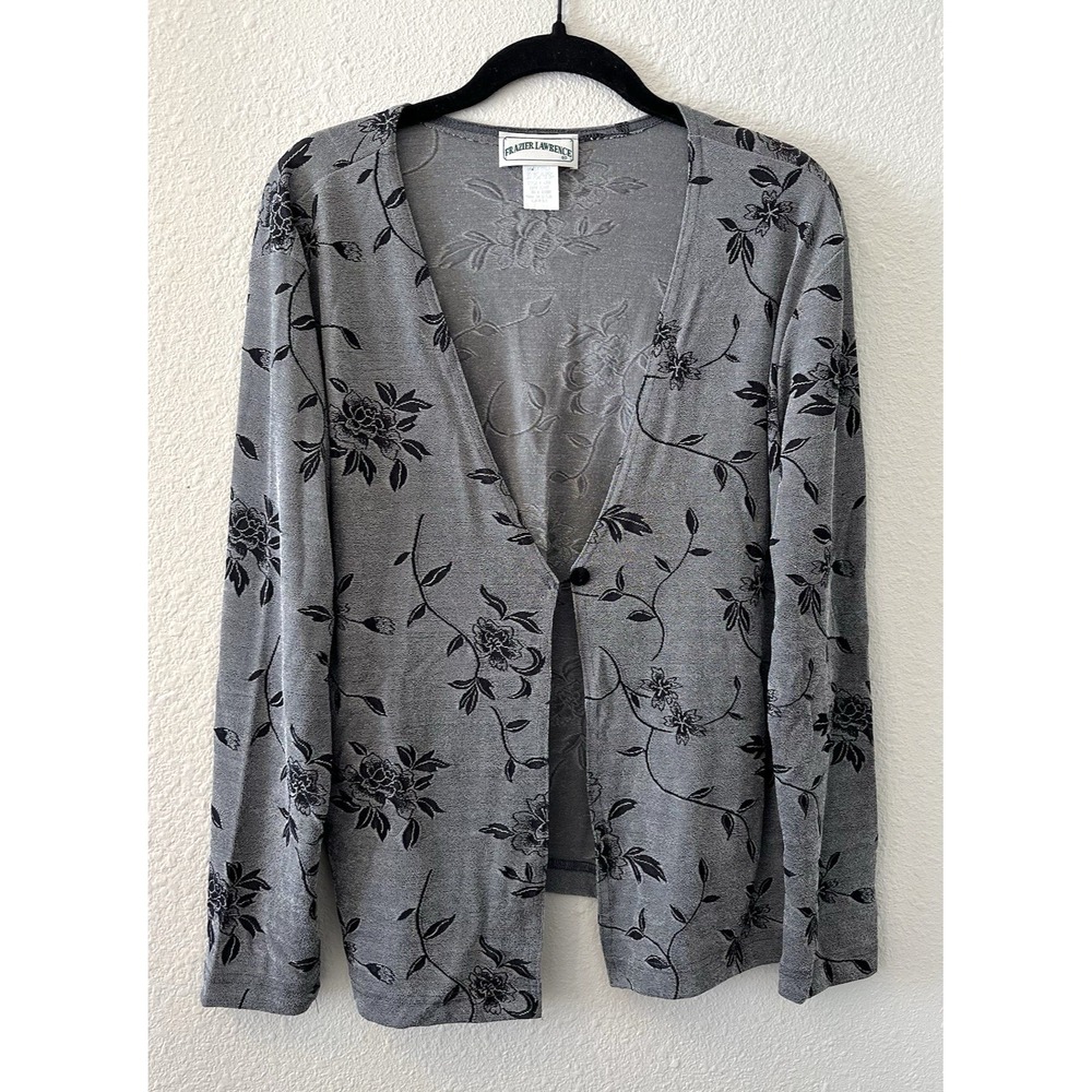 Vintage 90's Women's Cardigan Top Size Large Gray Black Floral Witchy Whimsigoth